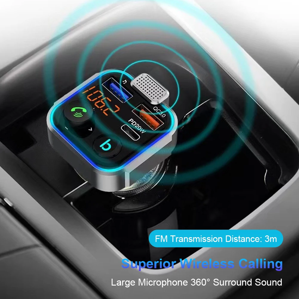 Bluetooth-Compatible 5.0 MP3 Player Receiver Type-C PD 20W QC3.0 Fast Charger 3 Ports Charging Hands Free Calling Car Kit