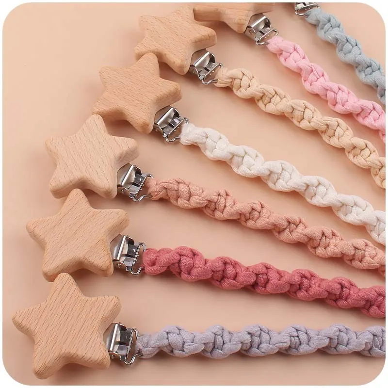 Baby Beech Wood Pentagram Pacifier Clip Handmade Woven Cotton Soother Nipple Chain For Baby Nursing Teether Chewing Toys Gift 4