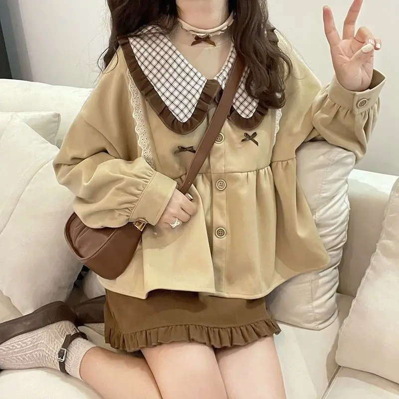 2022 Spring Autumn Kawaii Shirt Women Japanese Korean Cute Peter Pan Collar Ruffle Blouse Girls Sweet Loose Outwear