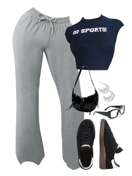 Plus Size Short Sleeve Letter Printed T-Shirt Casual Grey Sweatpants Two Piece Set Solid Colour Fashion Street 1