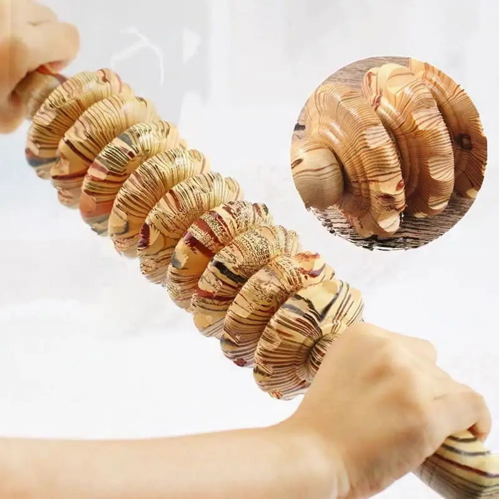 Wooden Massager Roller Handheld 9-Wheel Massager Stick Muscle Release Muscle Relax Abdominal Massager Fascia Cellulite