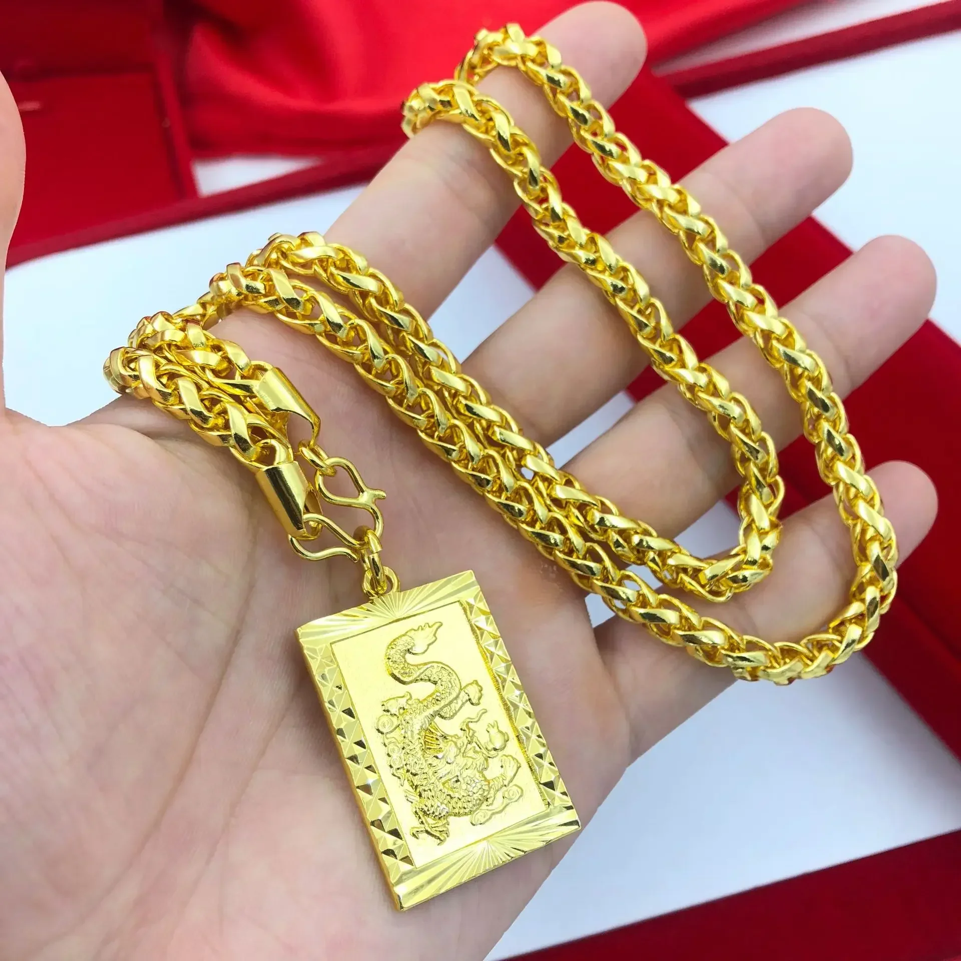 High-quality 9999 clavicle chain 24K real gold necklace hollow Guam golden dragon pendant men wish you good luck Buddha chain
