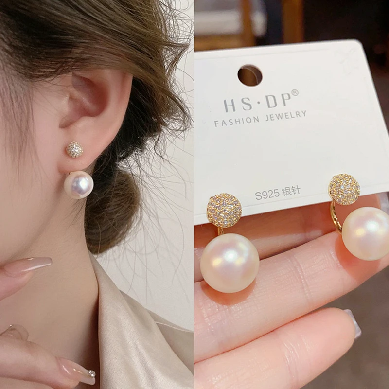 

New Imitation Pearl Stud Earrings for Women Korean Gold Color Round Zircon Crystal Earring Girls Birthday Party Banquet Jewelry