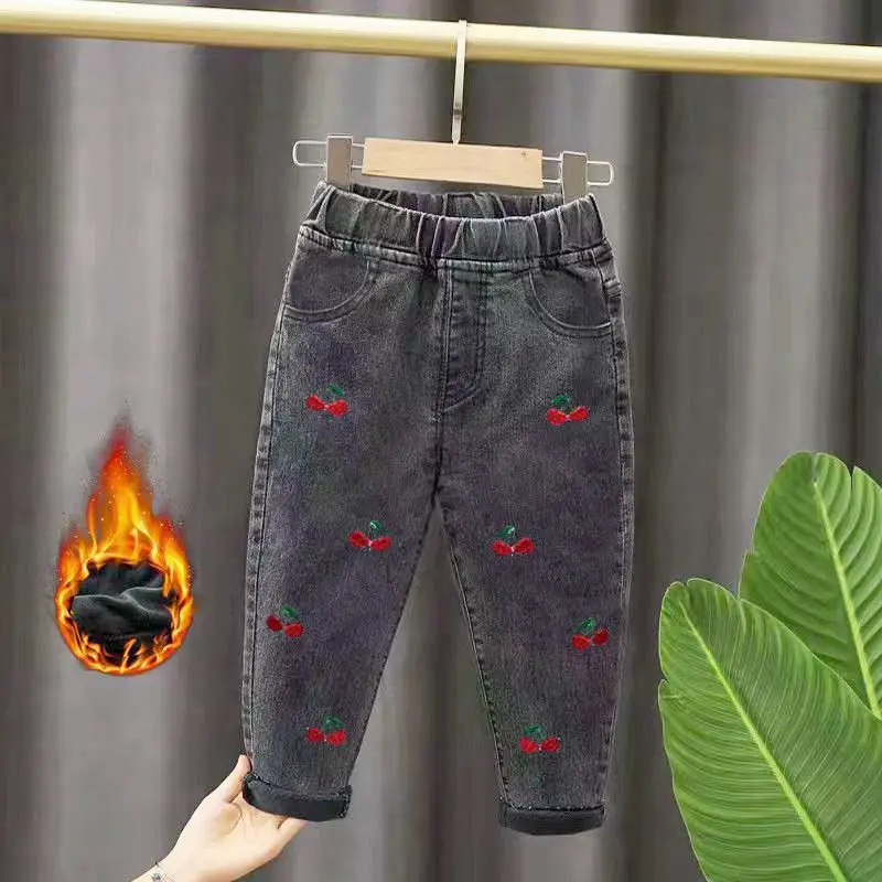 Autumn Winter Children's Jeans Boys and Girls Korean High Waist Printed Cartoon Plush pants Infant and toddler warm pants