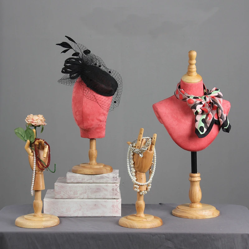 

Fabric Cover Female Dummy Mannequin Head/Hand with Wooden Stand For Hat Wigs and Jewelry Display