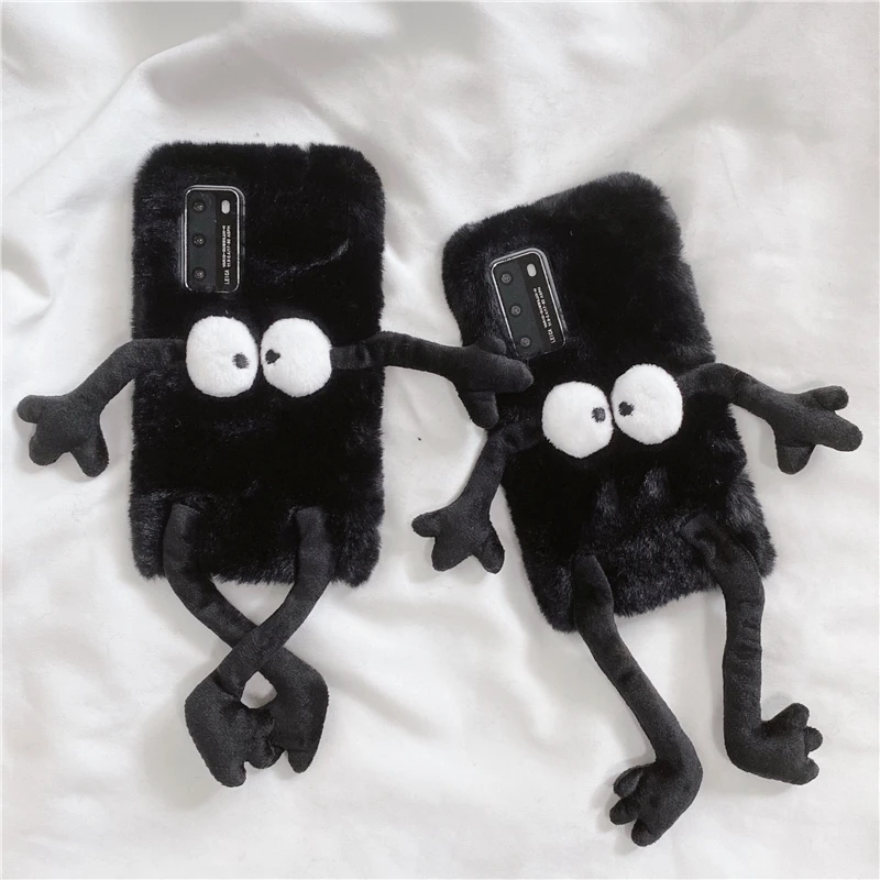 Cartoon Briquettes Plush Fur Phone Case For Oneplus Nord Ce2 N10 N100 N20 N200 8 8T 9 10 Pro 7 7T 6 6T 5 5T Soft Black Cover