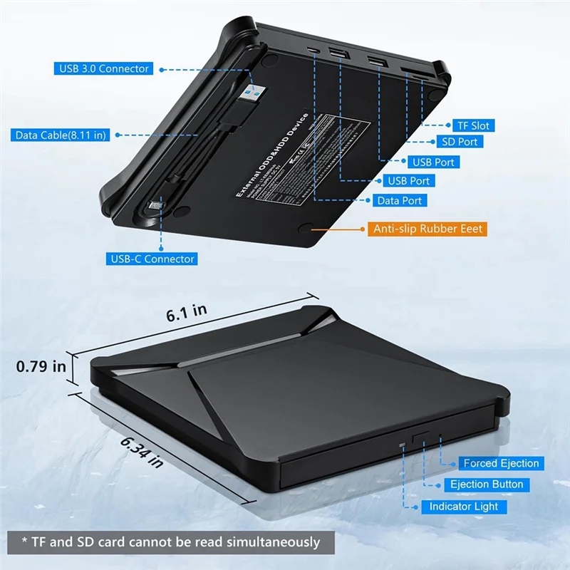 VVNB-External DVD Drive, USB 3.0 Type-C, Portable CD DVD Burner With Dual USB Ports And Card Slots