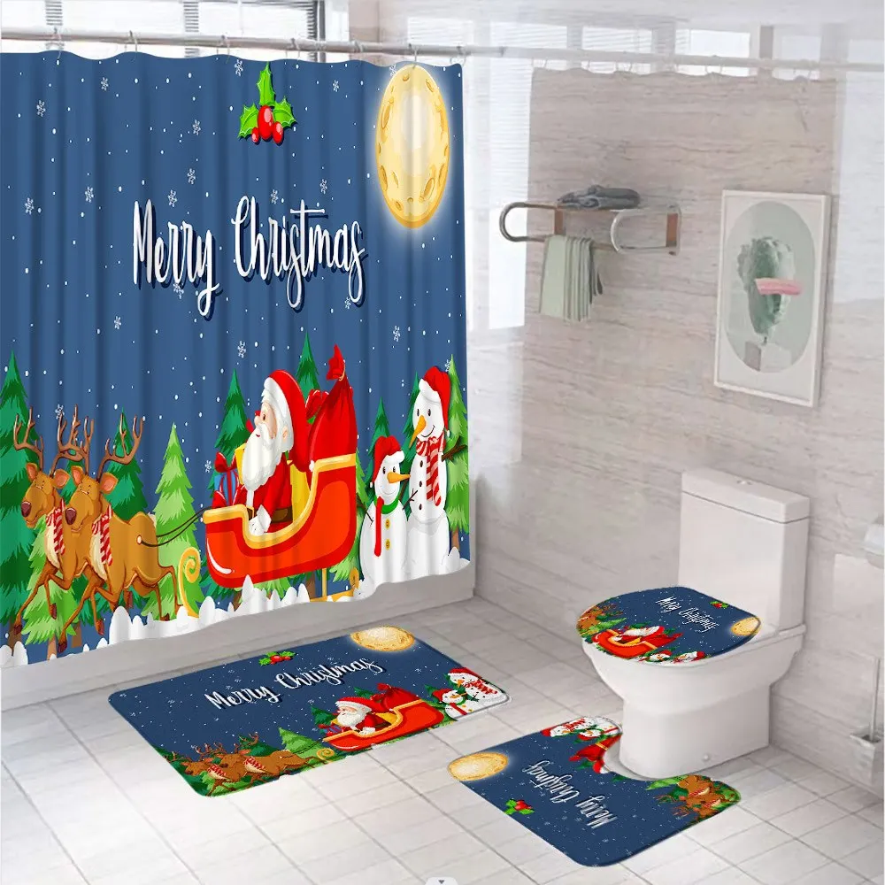 Christmas Shower Curtain Set Carpet Rug Toilet Lid Cover Santa Claus Sleigh Reindeer Winter Xmas Cedar Snowman Bathroom Curtains