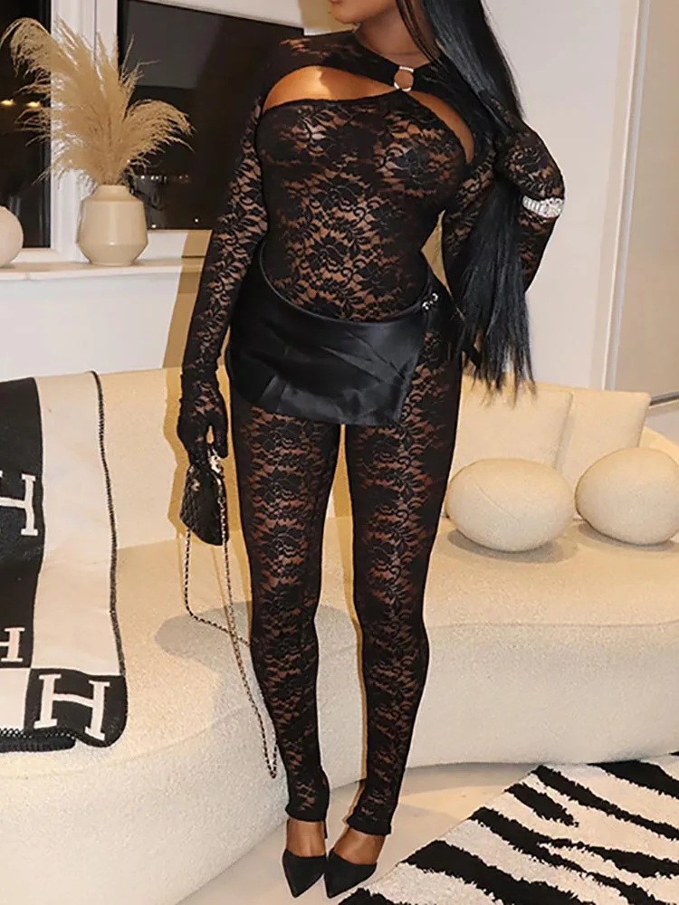 

Женский кружевной комбинезон Bangniweigou с перчатками, обтягивающий прозрачный черный комбинезон с длинными рукавами, сексуальная уличная одежда