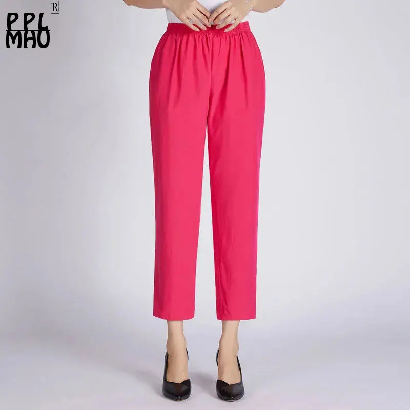 

Candy Color 83cm Casual Straight Pants Women Summer Elastic High Waist Classical Pantalones Ankle Length Baggy Trousers Mother