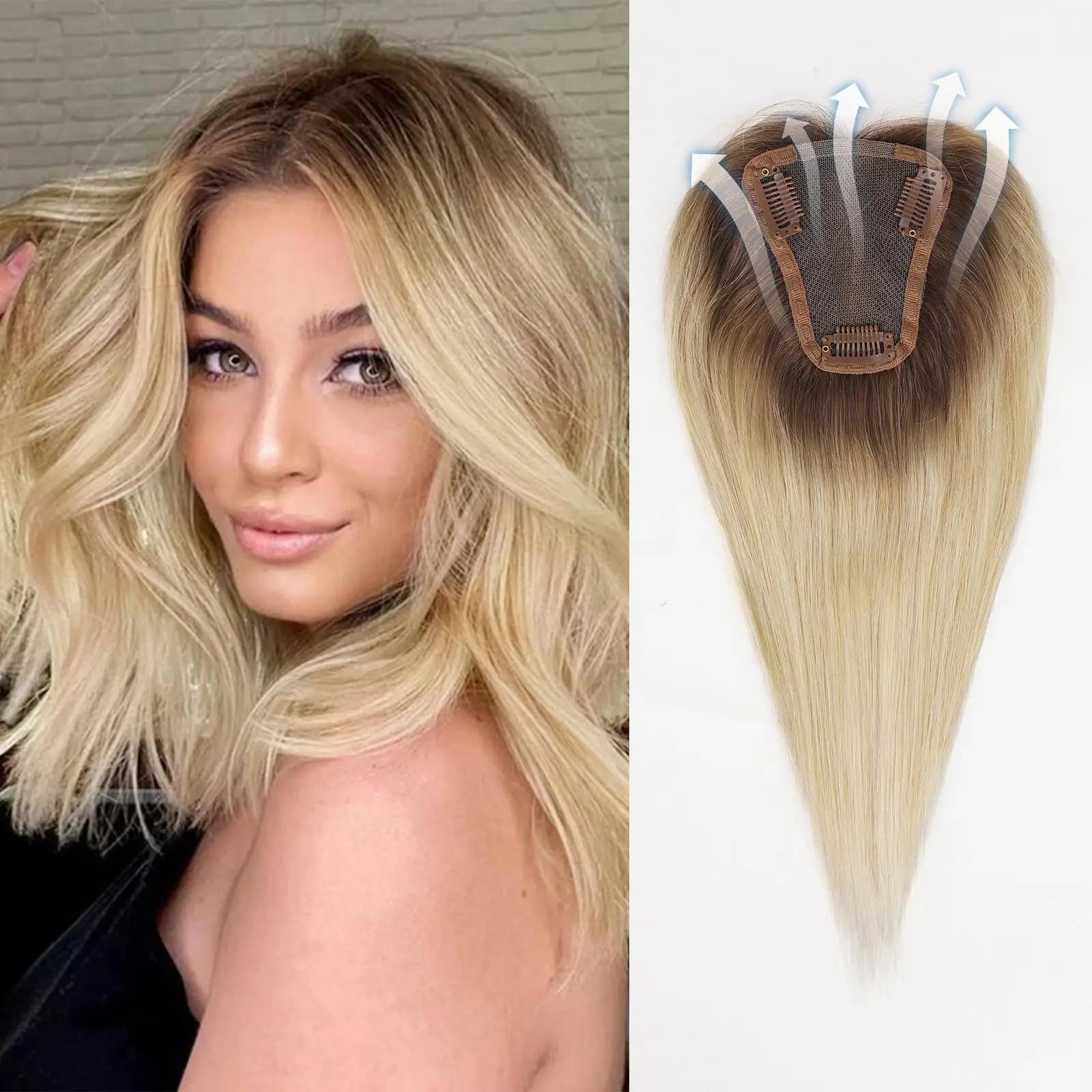 Ombre Blonde Human Hair Toppers with Bangs HairPieces for Hair Loss Remy Human Topper Silk Top Base Extension Overhead