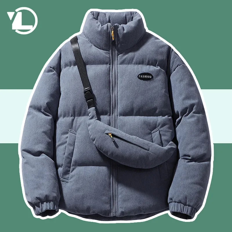 

Harajuku Parkas Men Winter Corduroy Solid Color Thicken Warm Padded Jacket Vintage Stand Collar Oversized Down Coats With Bag