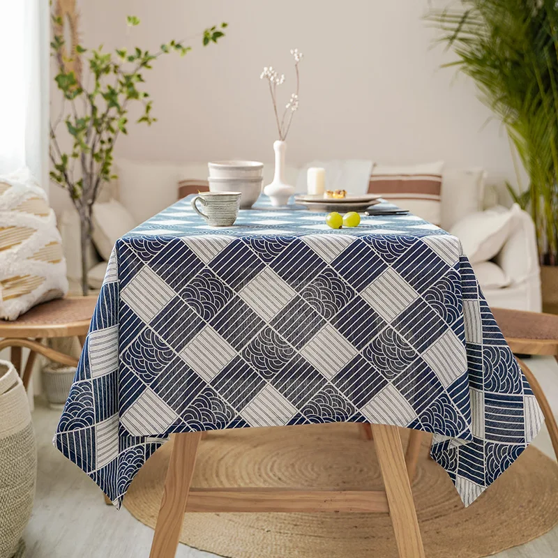 Japanese Style Cotton Linen Tablecloth Washable Rectangular Blue Sea