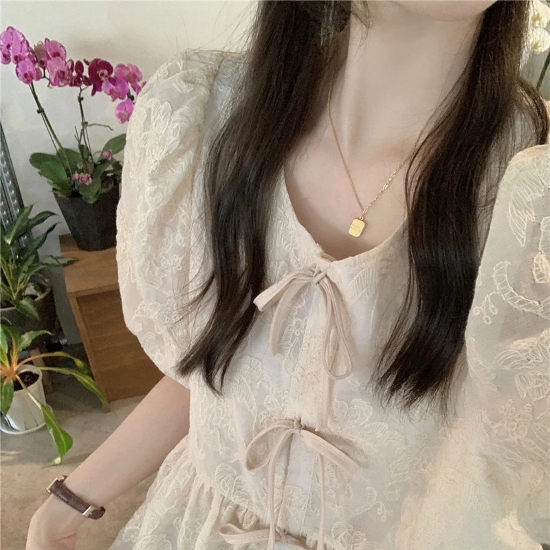 

Женская кружевная блузка с принтом, лето 2024, милая Изысканная шифоновая блузка с ремешком для девушек, рубашка с круглым вырезом для дам,