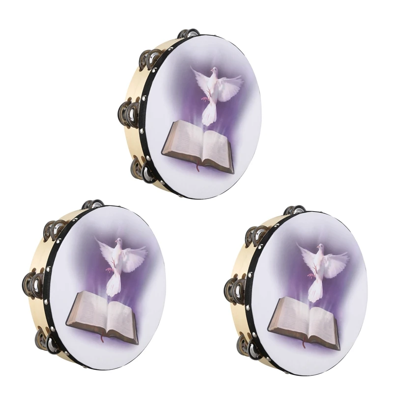 

3X 10 Inch Wooden Tambourine Pigeon Bible Music Percussion Instrument Tambourine Double Tambourine Row Jingle Instrument