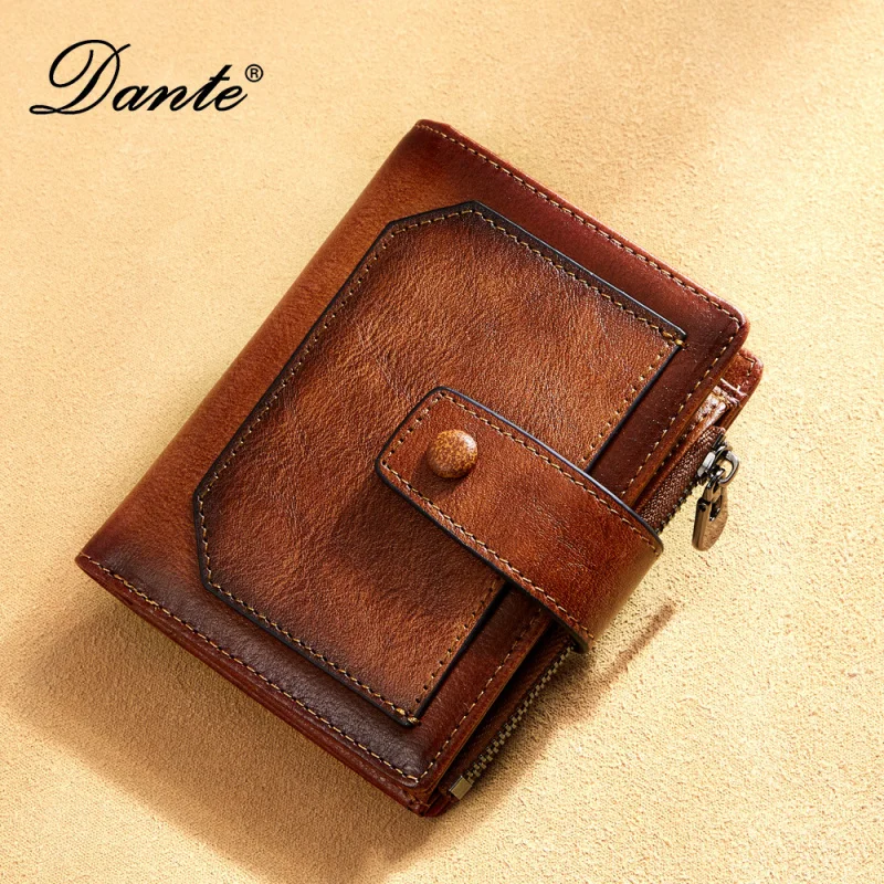 Men's Genuine Leather Zipper Short Wallet Retro Style RFID Blocking Cowhide Wallet