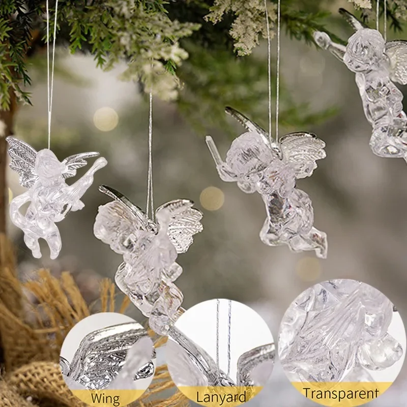 Christmas Transparent Angel Pendant Crystal Clear Acrylic Angel with Wings Xmas Tree Hanging Ornament Imitation Winter Decor