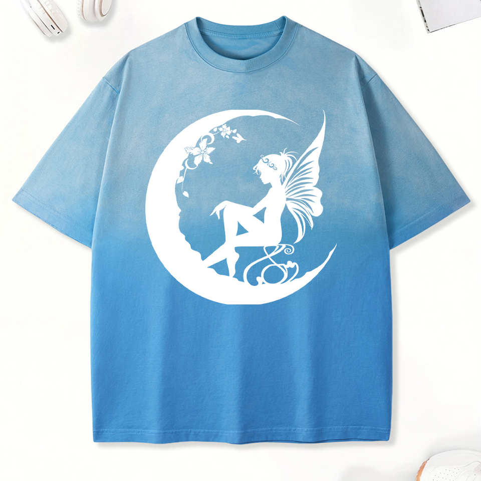 Angel Girl In The Moon Print Tie-Dye T Shirts Women Breathable Cotton T-Shirt Hip Hop Tee Tops Crewneck Summer Short Sleeve
