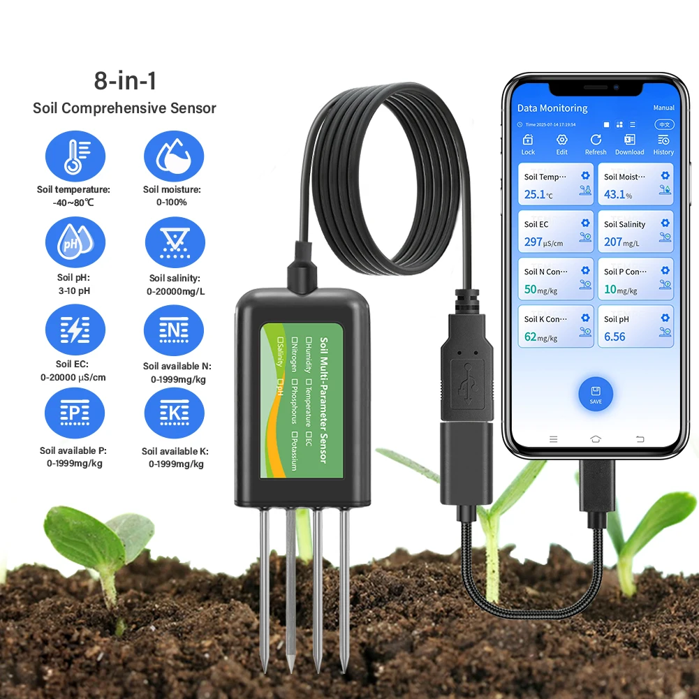 Soil Multi-Parameter Sensor RS485 8-in-1 pH EC Moisture Temperature Salinity NPK