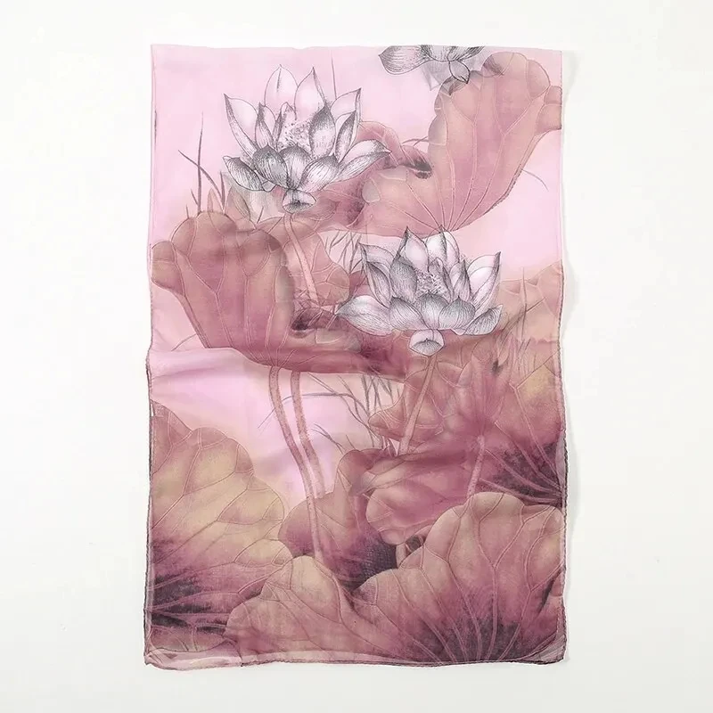Chiffon Scarf Lotus Print For Women Summer Neck Sun Protection 150*50cm