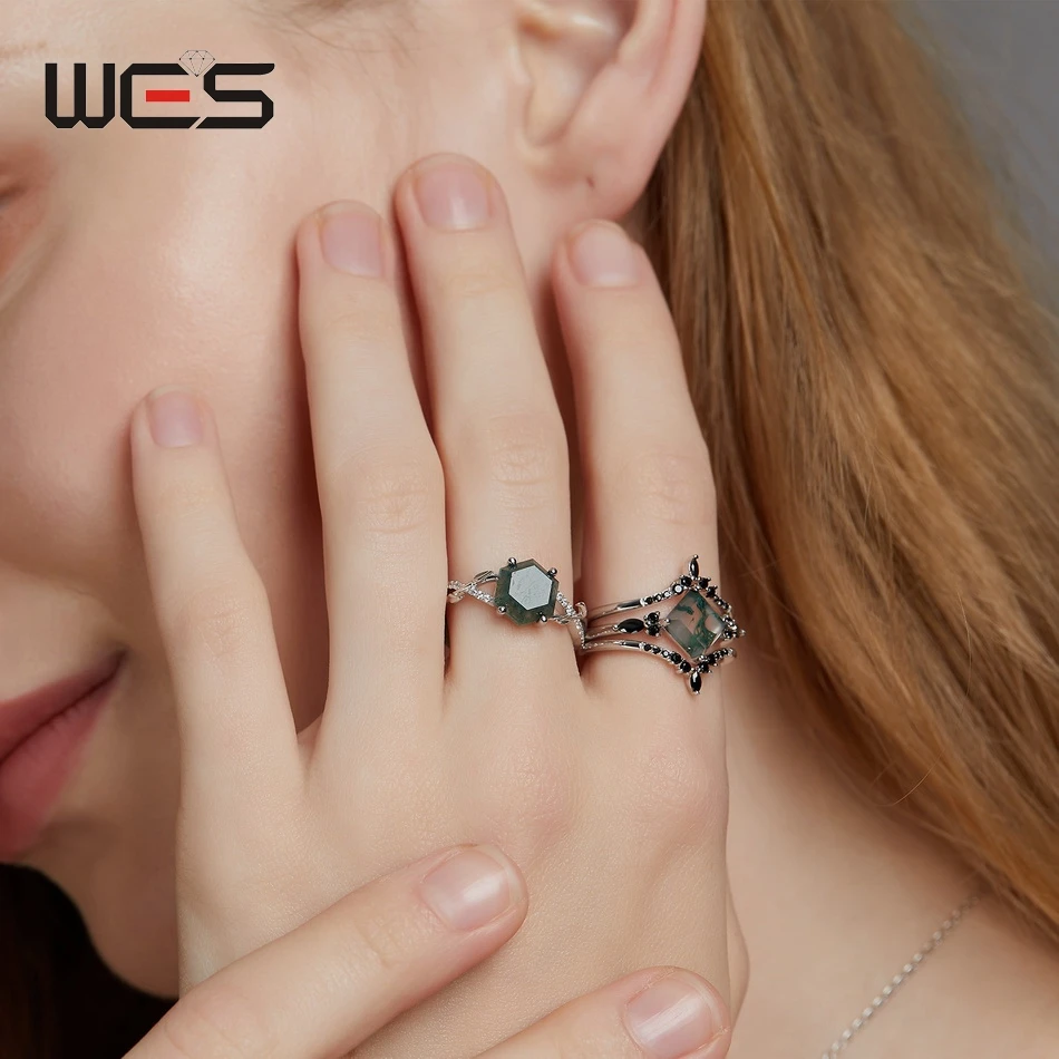 WES 925 Sterling Silver Crown Moss Agate Leaf Ring Sets for Women Mom Crystal Natural Gem Anniversary Jewelry Wholesale Gift 6