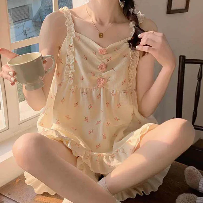 

Floral Sleepwear Women Pajama Sets Korean Summer Set 2 Pieces Night Wear Sleeping Spaghetti Strap Student Home Suit 2024