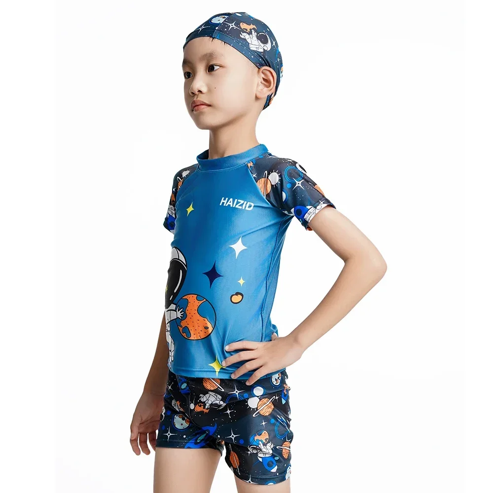Children's New Swimsuit Cartoon Pattern Children's Swimwear Boys Split Design Suitable Swimming Suit Beachwear with Hat