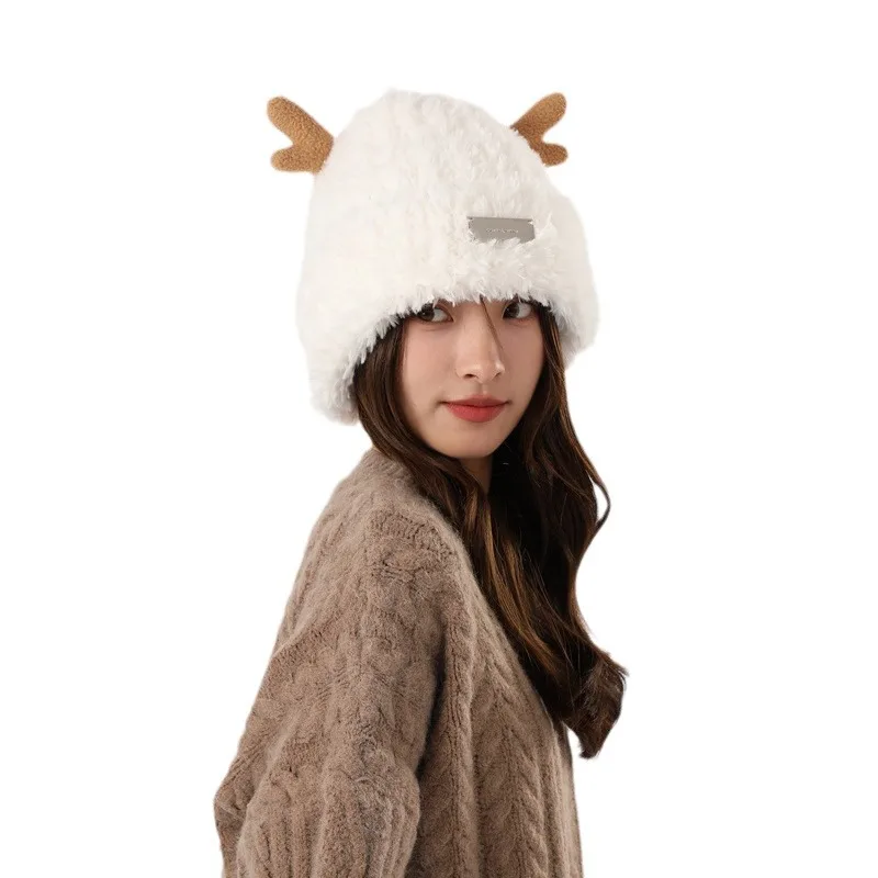2024 Large Size Cute Faux Fur Earflap Caps Women Christmas Moose Reindeer Warm Ski Hat Men Winter Deer Antler Warm Beanie