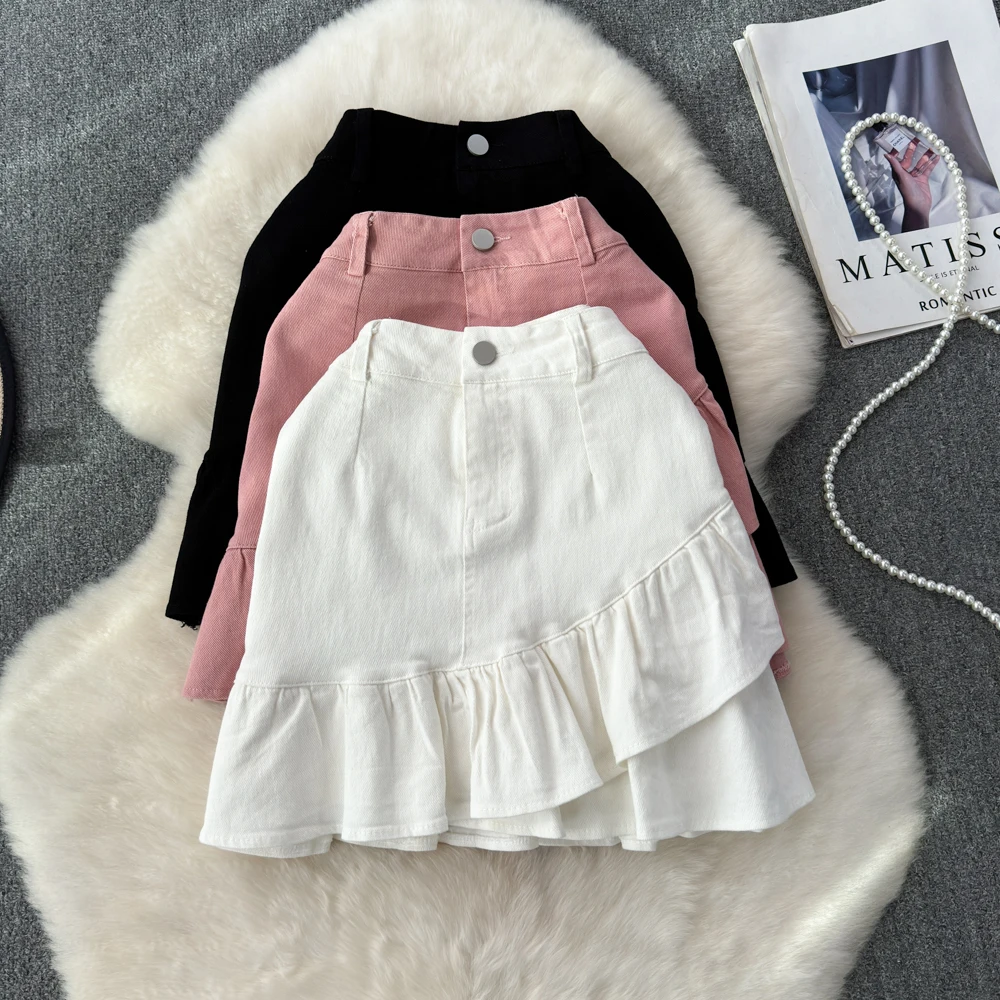 

Chic Midi Skirt for Women 2024 Flounced Edge Solid Color Streetwear Korean Style Anti-emptied Wrapped Skirts Summer Dropshipping