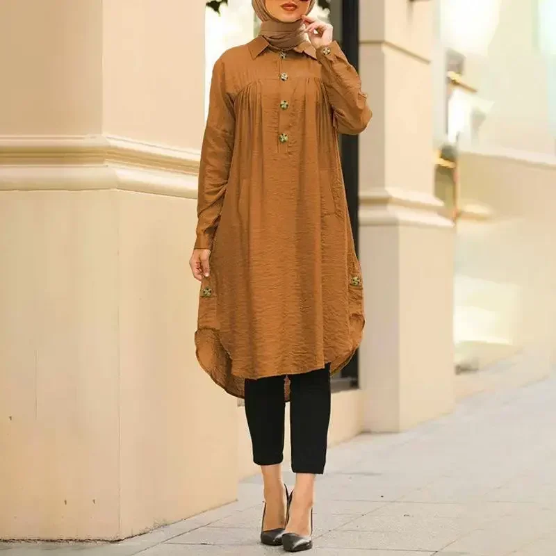 New Summer Muslim Solid Blouse For Women Simple Cotton Linen Long Shirt Saudi Arabia Islam Femme Tops Lady A-Line Shirt Dresses