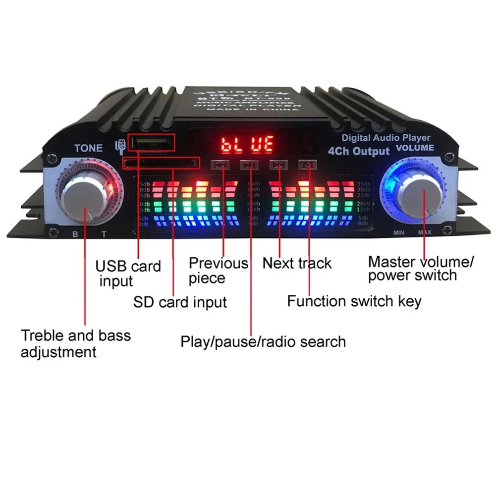Black Aluminum Alloy Home Audio Power Amplifier with Bluetooth and FM Radio