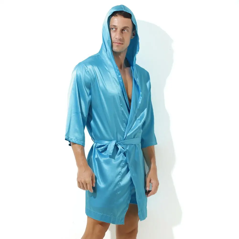 Sexy Sleepwear Men Robes Bathrobes Soft Silky Short Sleeve Nightgown Mens Homewear Dressing Gown Male Pajamas (No shorts) - 4