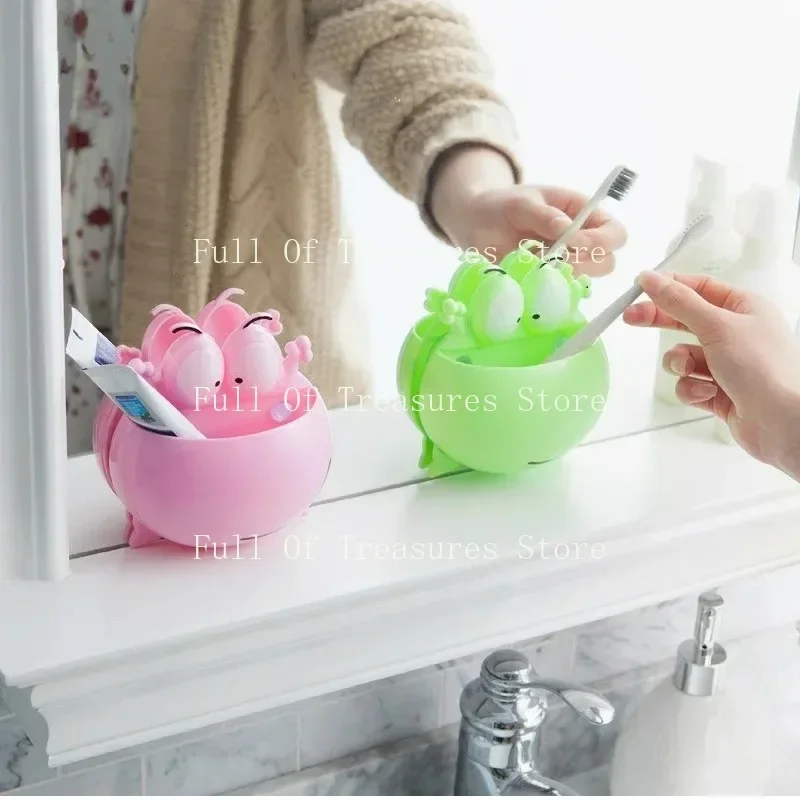 Wall mounted toothbrush holder with children's suction cups, toothpaste storage room, cute frog pattern, cartoon, house, T1