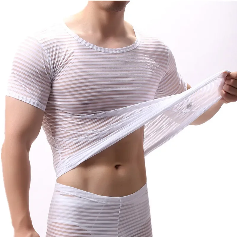 Men Undershirts Mesh Striped Transparent Tops Tee camiseta interior hombre Casual Muscle Bodybuilding Fitness T-shirt Underwear