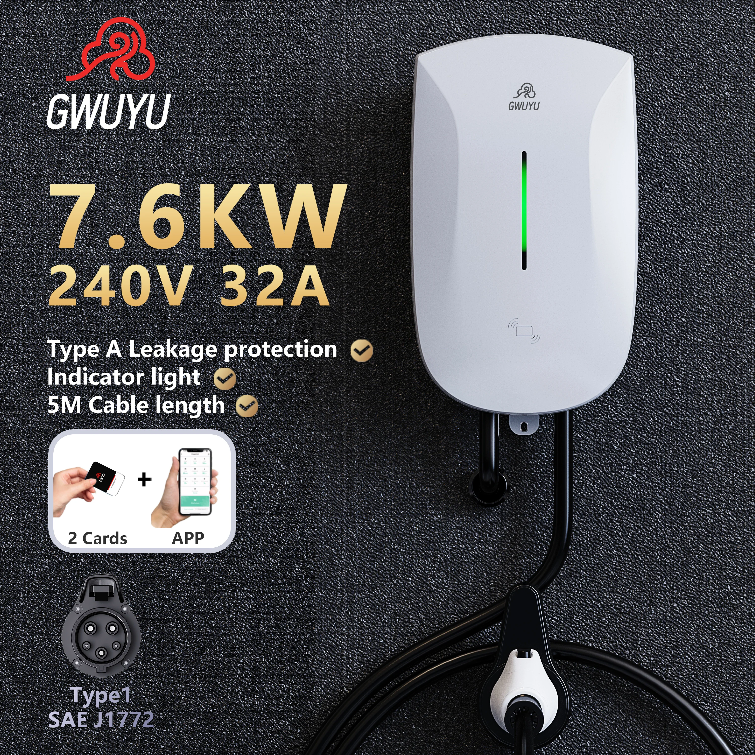 

GWUYU JZ30-1 EV Swipe Charging Station APP Control WiFi Bluetooth Type 1 J1772 7.6KW 32A 240V Car Fast Charger Wallbox RFID Card