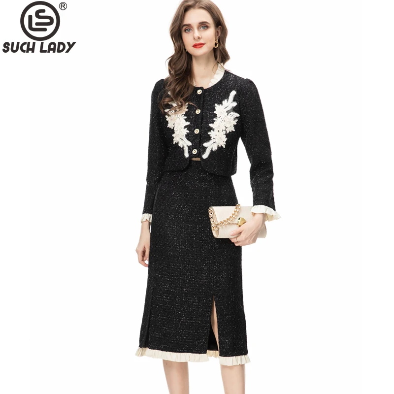 Women's Runway Designer Two Piece Dress Ruffled Collar Long Sleeves Embroidery Blouse with Pencil Skirt Twinsets