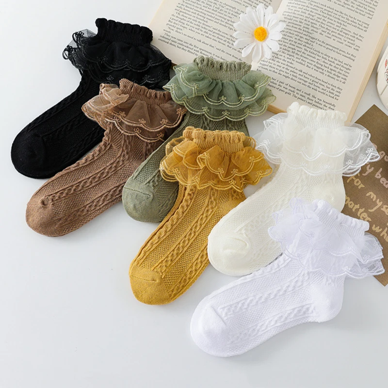 Cotton Socks Children Socks 1 pair Summer Girls Socks Baby Kids Ruffle Sock Cute Children Frilly White Black Lace Kids Cotton Socks For 1-10Years
