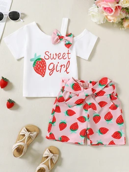 Toddler Baby Girls Clothes T-shirt + Casual Shorts Pants Cute Summer Clothing Set Outfits Halter Slant Shoulder Bow Top 4