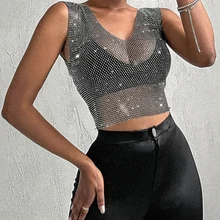 

Sexy Summer V Neck See Through fishnet corset crop top women Cover Up bikini Rhinestone mesh Beach party club tank tops 2021