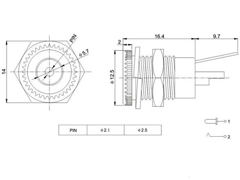 Description Picture 2 of itemDC099 5.5 mm x 2.1mm DC Power Jack Socket Female Panel Mount Connector Metal DC-099 Open Hole 11MM 5.5*2.1 5.5*2.5