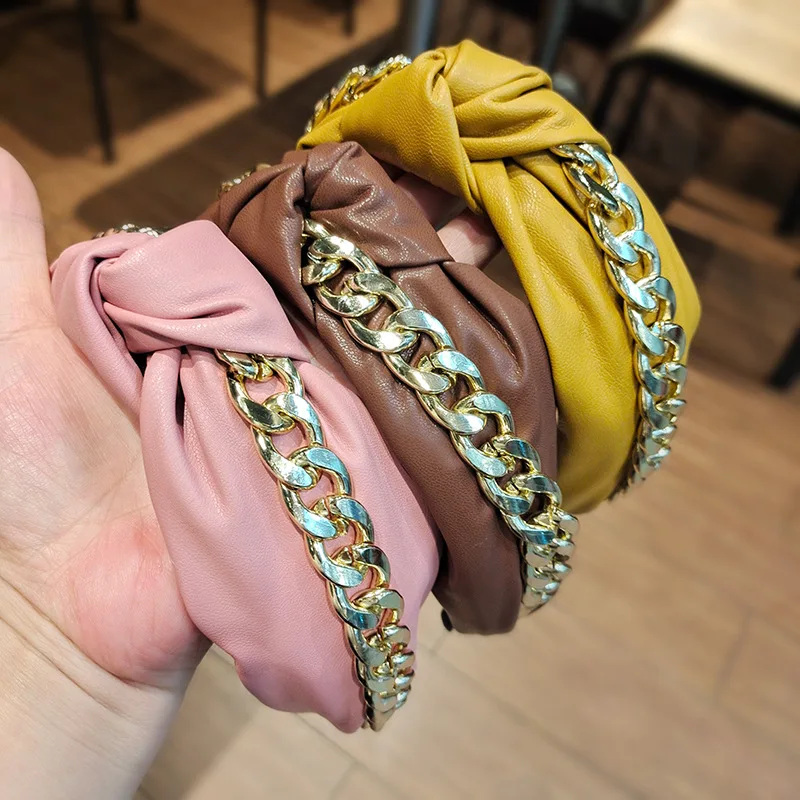 

Ins Fashion High Quality PU Leather Hairband Wide Side Headband Women Shining Gold Chain Headwear Casual Hair Accessories