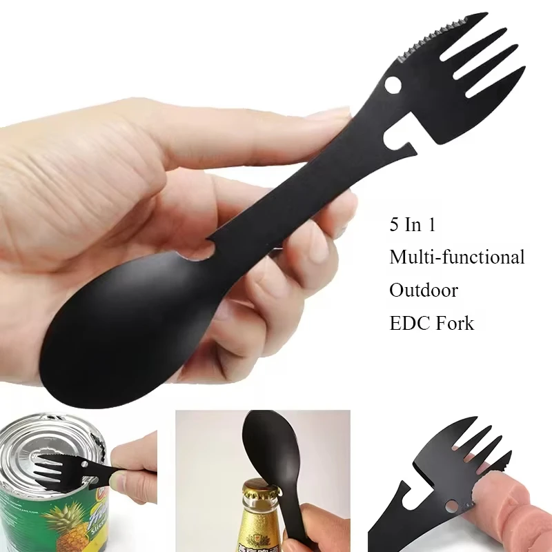 Kit Multiuso Compatto 5-in-1 per Sopravvivenza all'Aperto - Include Coltello, Forchetta, Cucchiaio, Apriscatole e Apribottiglie per Campeggio - immagine 3