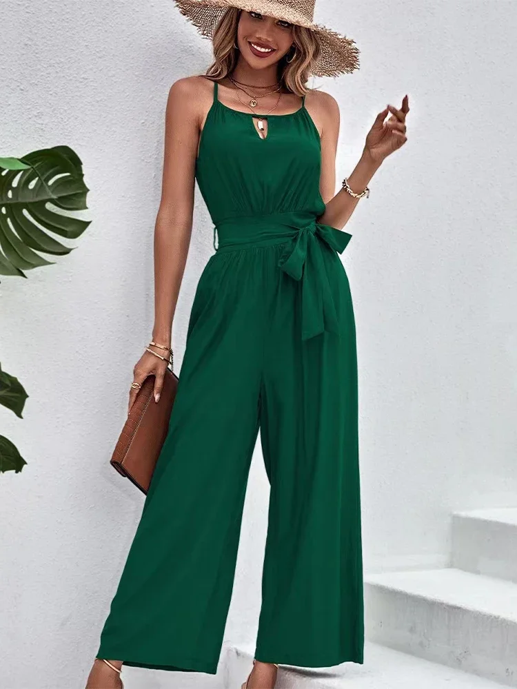 InstaLike Women Jumpsuit 2024 Spring Retro Bandag Loose Hollow Out Sleeveless Lace-up Waist Jumpsuit Solid Cotton Loose Overalls