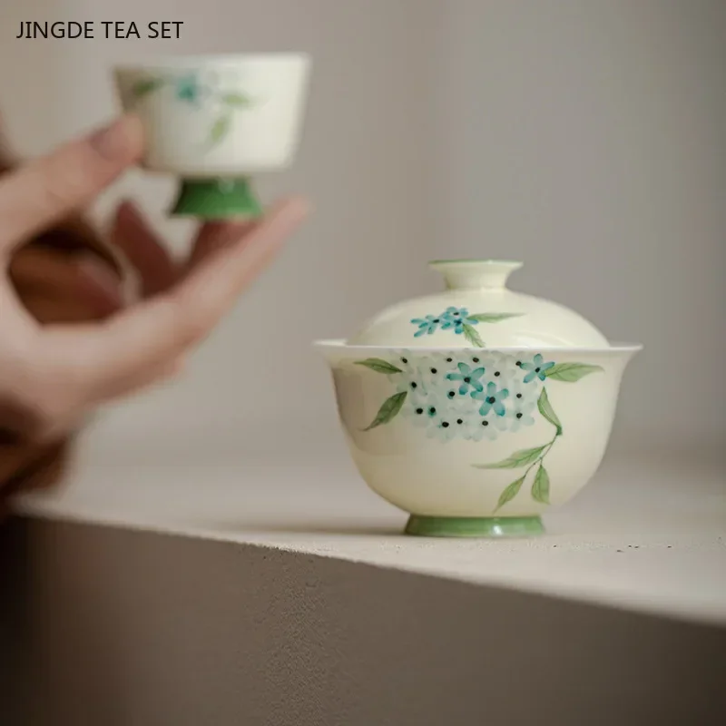 1PCS 100ml Chinese ceramic gaiwan hand-painted Flower pattern Tea infuser high-end anti scalding tea cup exquisite tea set