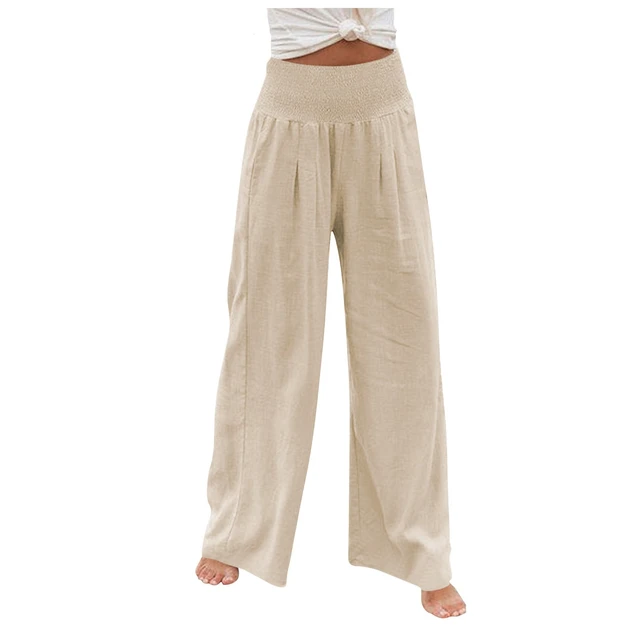 Women'S Pant Casual Loose High Waist Cotton Linen Wide Leg Long
