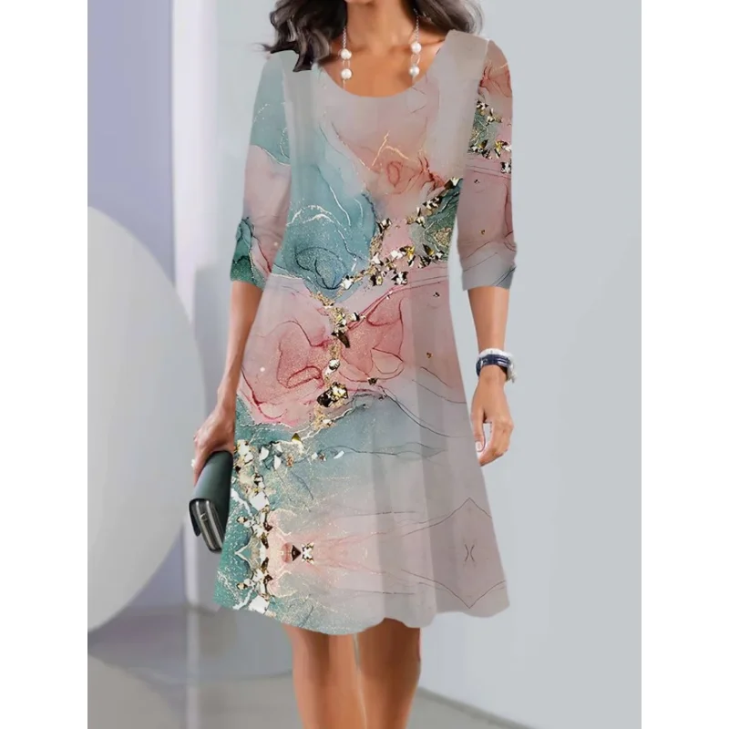 

Women Frock 2023 Autumn New Elegant Casual Bohemian Style Printed Round Neck Long Sleeve Loose Waist Mid Length Dress For Ladies