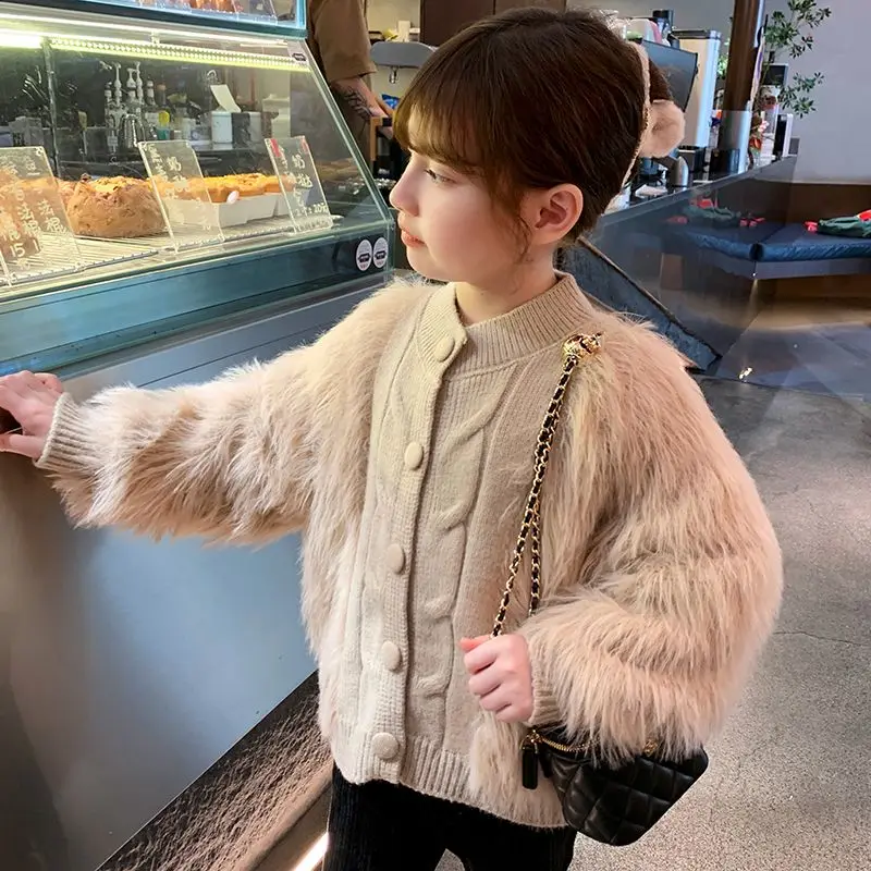 

Милый кардиган для маленьких девочек на весну и осень, Теплые Топы с длинным рукавом из искусственного меха, одежда, вязаный свитер, Детское пальто, плотная куртка