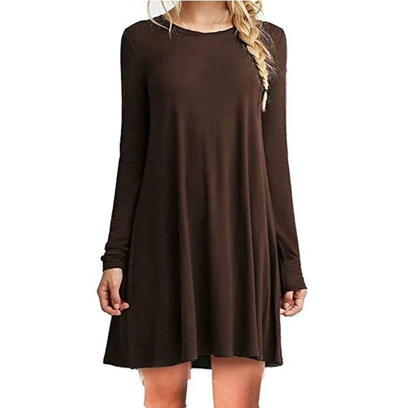 Womens Long Sleeve Swing Dress - Casual Solid Color Round Neck Autumn Winter
