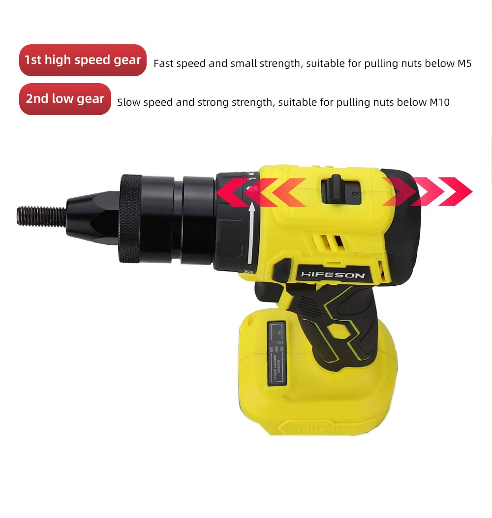 HIFESON Powerful Brushless Electric Rivet Nut Gun Nut Riveter Rivet Tool No Battery M3M4M5M6 For 18V/21V/26V Makita Battery
