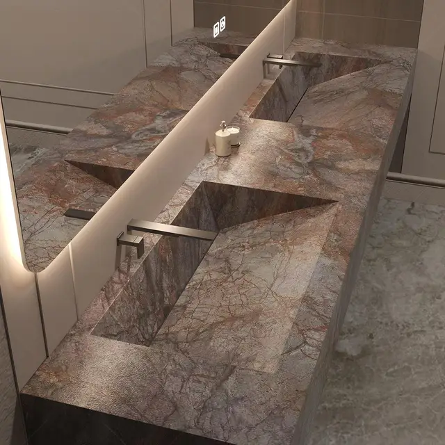 ชุดอ่างล้างหน้าหินไร้รอยต่อ, ตู้ห้องน้ำแบบชิ้นเดียว, อ่างล้างหน้าเดี่ยว/คู่, ทนต่อคราบสกปรกและทนทาน, ปรับแต่งได้ 3